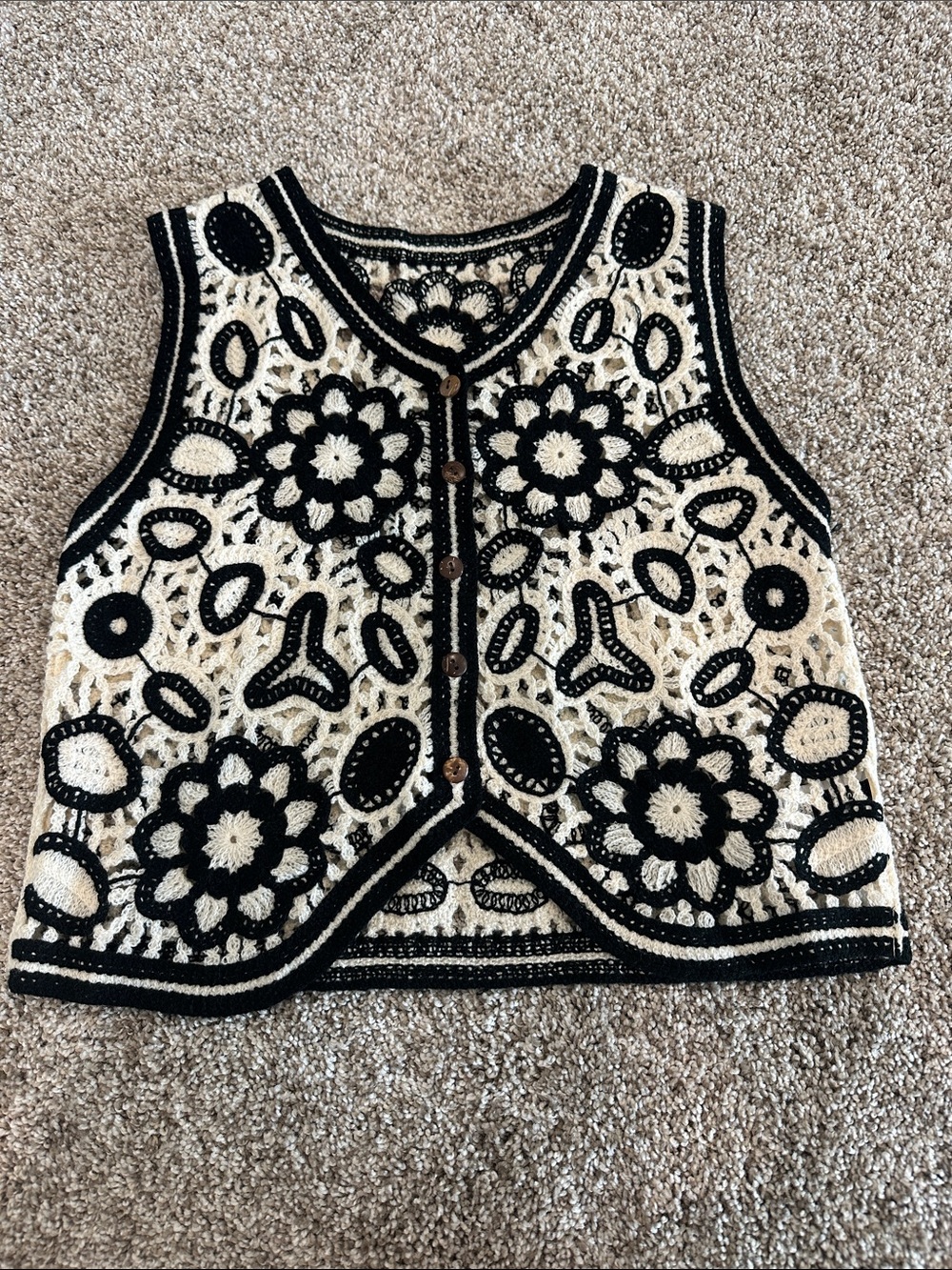 Black & Cream Crocheted Floral Vest Sweater
